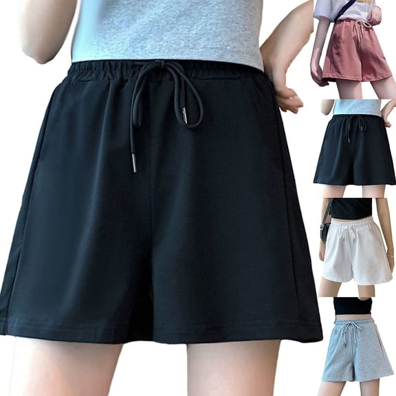 Women Sports Elastic Waist Shorts Loose Wide Leg Pants Solid Casual Summer Femme White M YIWEI