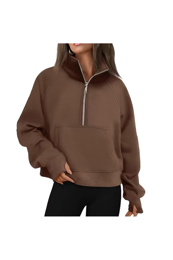 Women Sports Half Zip Yoga Hoodie Loose Stand Up Collar Sweater Active Workout Run Pullover Top Coffee