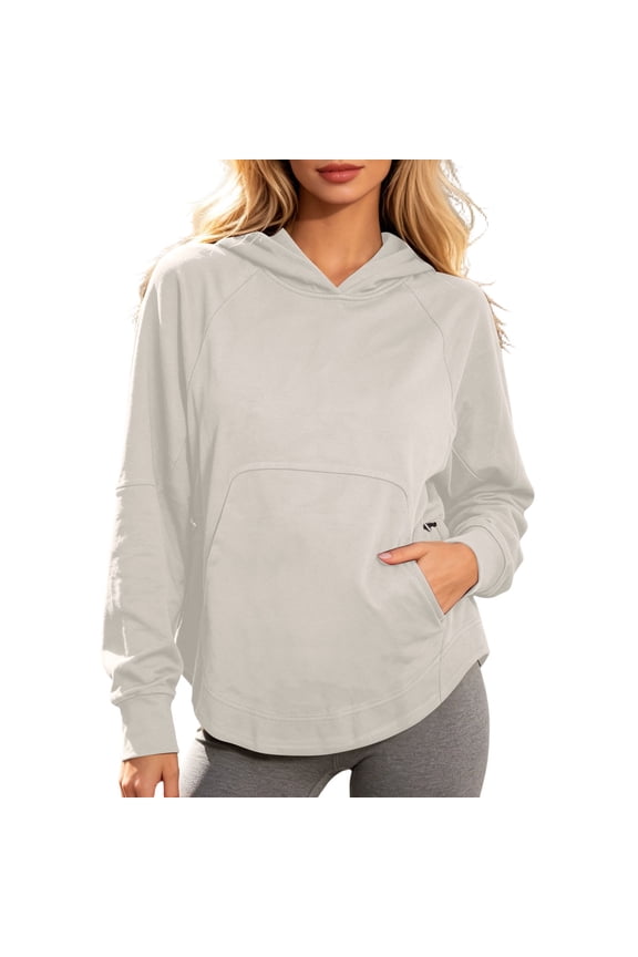 Women Sportswear Hoodie Loose Fit Hooded Sweatshirt Athletic Gym Running Jacket Long Sleeve Top Beige