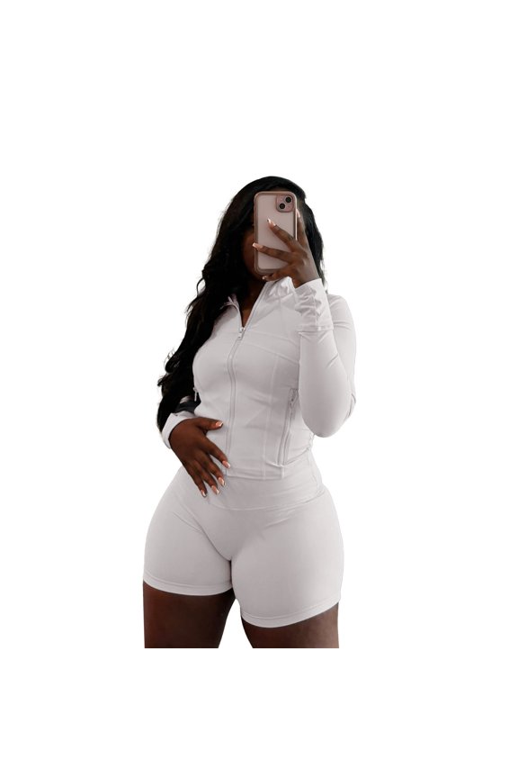 Women Sporty Bodycon Two Piece Set Long Sleeve Crop Top and Shorts Casual Workout Outfit