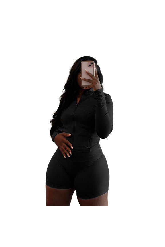 Women Sporty Bodycon Two Piece Set Long Sleeve Crop Top and Shorts Casual Workout Outfit