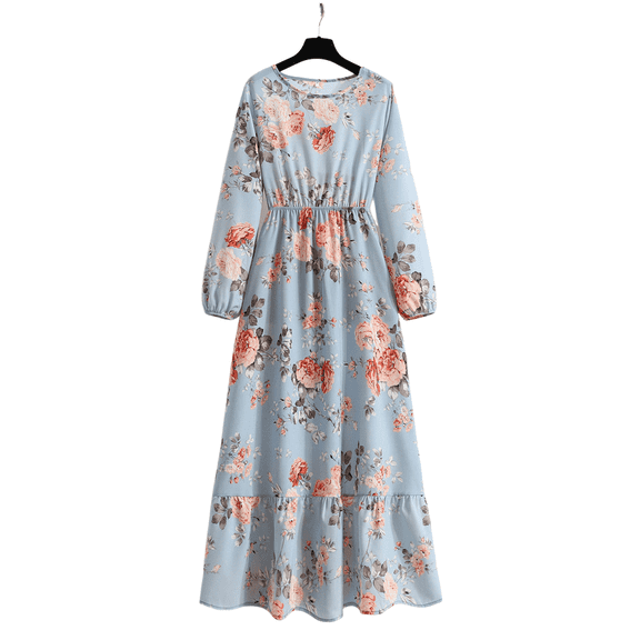 Women Spring Autumn French Style Chiffon Loose Slimming Long-Sleeved Round-Neck Printed Dress