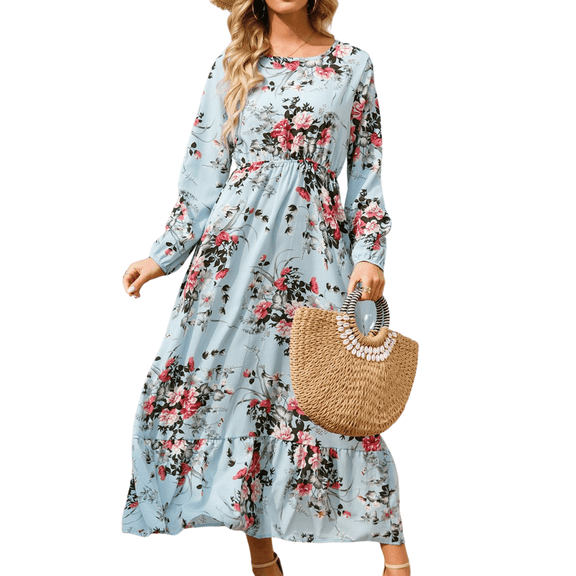 Women Spring Autumn French Style Chiffon Loose Slimming Long-Sleeved Round-Neck Printed Dress