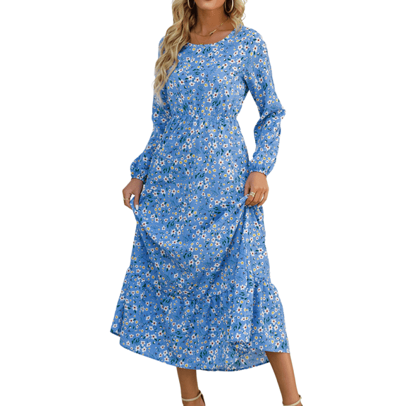 Women Spring Autumn French Style Chiffon Loose Slimming Long-Sleeved Round-Neck Printed Dress