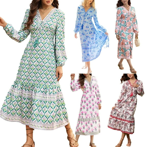 Women Spring Autumn French Style Retro Cotton Floral Print V-Neck Tie Long-Sleeved Medium Long Dress