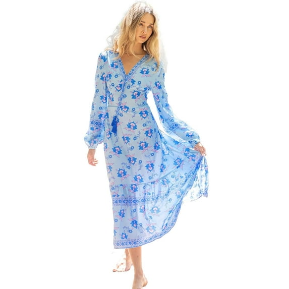 Women Spring Autumn French Style Retro Cotton Floral Print V-Neck Tie Long-Sleeved Medium Long Dress