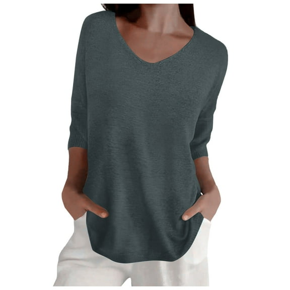 Women Spring Casual 3/4 Sleeve Solid Color V Neck Loose Pullover Knit Fall Sweaters Tops Fall Fashion,Color:Grey,Size:L