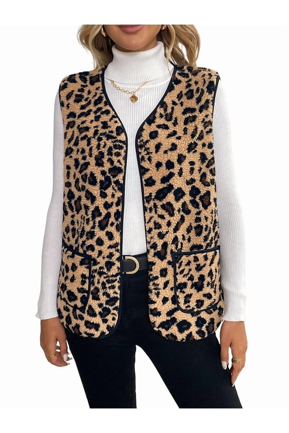 Women Spring Fall Beach Casual V Neck Sleeveless Vintage Leopard Print Jacket Coat Vest Cardigan Coffee Brown XL