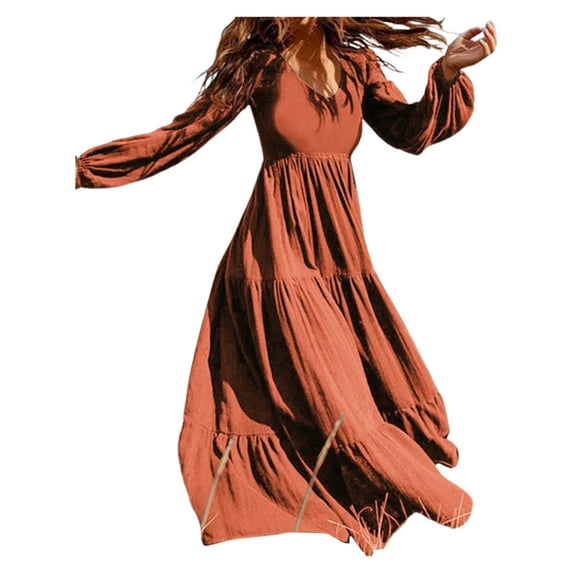 Women Spring Fall Dress Round Neck A-line V Neck Pleated Long Sleeves Solid Color Big Swing Dating Shopping Vacation Maxi Dress