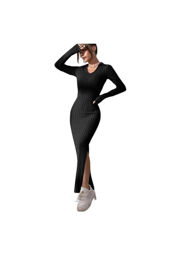 Women Spring Fall Dress V Neck Slit Hem Thread Slim Fit Long Sleeves Ankle Length Knitted Elastic Maxi Dress Shopping Dating Party Dress