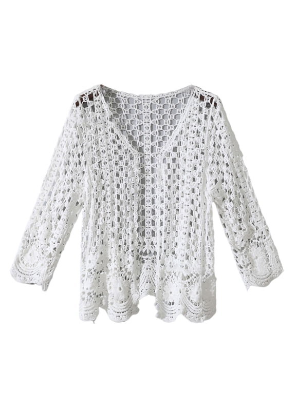 Women Spring Long Sleeve Cardigan Hollow Out Crochet Knit Floral Sweater Cover Up Open Front Scalloped Hem Mesh Net Sunscreen Shrug Coat Beachwear