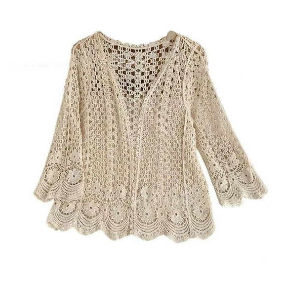 Women Spring Long Sleeve Cardigan Hollow Out Crochet Knit Floral Sweater Cover Up Open Front Scalloped Hem Mesh Net Sunscreen Shrug Coat Beachwear