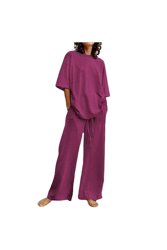 Women Spring Outfit Women Sets 2 Piece Outfits Clothing Set Female Round Neck Short Sleeve Tops Pants Sets Trousers Pant Style S_712 Women's Tracksuits Purple XXL