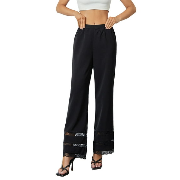 Women Spring Pajamas Trousers, Lace Patchwork Elastic High Waist Long Pants Nightwear Lounge Bottoms