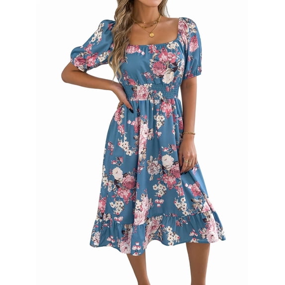Women Spring Ruffle Off Shoulder Floral Midi Dress Summer Smocked Beach Flowy Long Dresses Blue XL