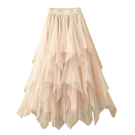 Women Spring Solid Color A-Line Elastic High Waist Long Mesh Skirt Gauze Skirt