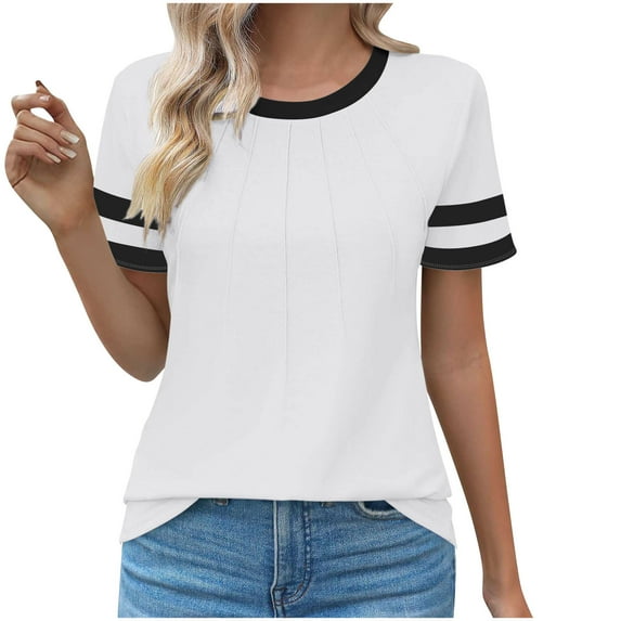 Women Spring Summer 2025 Round Neck Casual Short Sleeve Fashion Top Pleated Solid Color Pullover Blouse for Streetwear and Daily Outfits