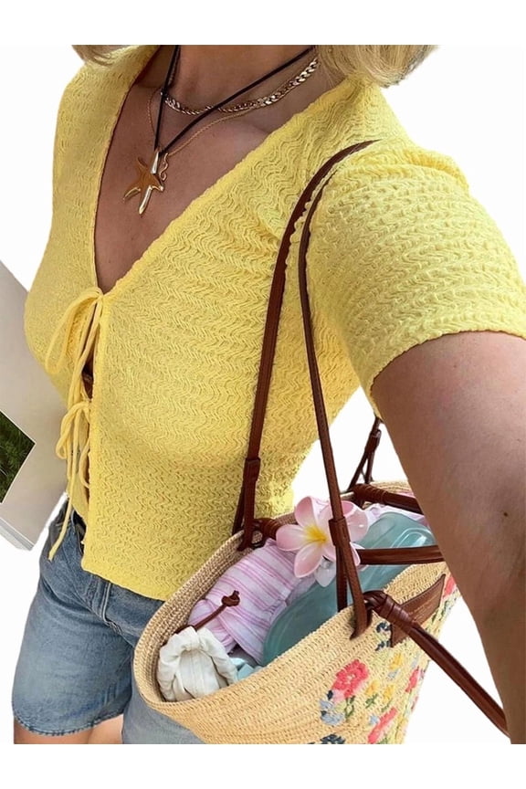 Women Spring Summer Beach Short Sleeve Cropped Boho Cover Up Tie Front Tops Yellow M