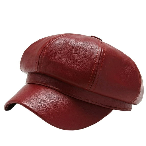 Women Spring Summer Beret Retro Solid Color Faux Leather Short Brim Decorative Sun Anti UV Breathable Lady Painter Hat Unisex Octagonal Cap Red
