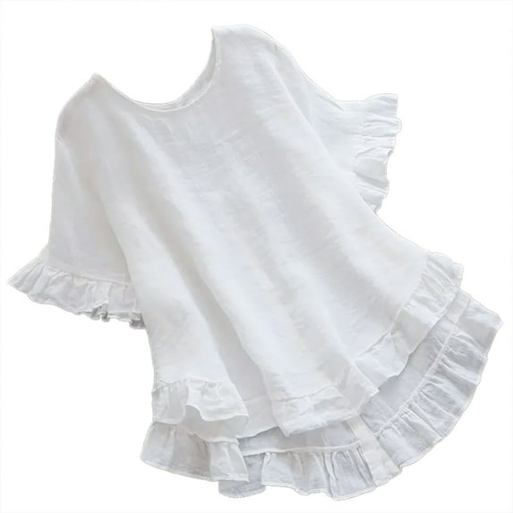 Women Spring Summer Clothing Solid Button Back Ruffled Trim Blouse Casual Short Sleeve Blouse White XL