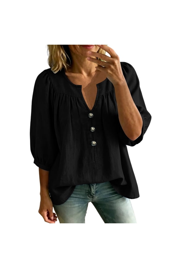 Women Spring Summer Cotton Blouse Solid Loose Bubble Sleeve Daily Top Notch Neck 3/4 Sleeve Gathered Tunic Lightweight Button Front Casual Shirt