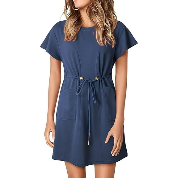 Women Spring Summer Dresses 2025 Casual Round Neck Ruffle Short Sleeve Flowy A Line Mini Dress with Pockets Robin Blue XL