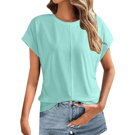 Women Spring Summer Fashion Solid Color Round Neck Cap Sleeve Side Pleats Tops