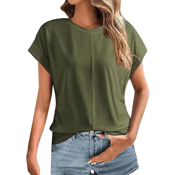 Women Spring Summer Fashion Solid Color Round Neck Cap Sleeve Side Pleats Tops