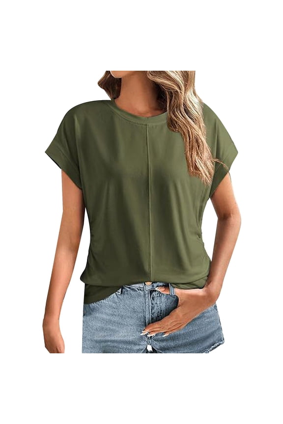 Women Spring Summer Fashion Solid Color Round Neck Cap Sleeve Side Pleats Tops