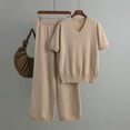 thumbnail image 1 of Women Spring And Summer Fashion Temperament Loose Casual Short Sleeve V Neck Top And Wide Leg Pants Knitted Two Piece Suit Snow Gear for Women Vertical Lines Jumpsuit Womens Snowmobile Pants Woman All, 1 of 5
