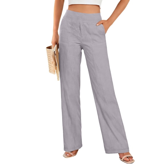 Women Spring Summer High Waisted Cotton Linen Casual Pants Loose Solid Color Straight Trousers with Pockets