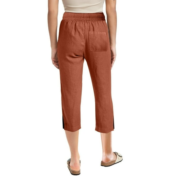 Women Spring And Summer Solid Color Pocket Drawstring And Linen Casual Loose Straight Slit Home Cropped Pants Women Pants Casual Summer Jogging Pants Women Womens plus Size Casual Pants Elastic Waist