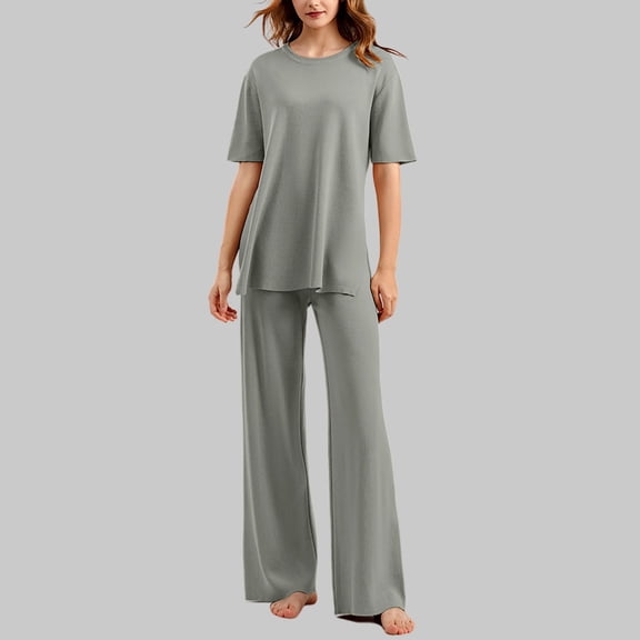 Women Spring And Summer Temperament Loose Casual Short Sleeve Round Neck Top And Wide Leg Pants Knitted Two Piece Suit Suits for Women Pants Suit for Women Elegant for Party Stretch Suit Insulated