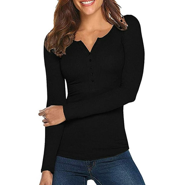Women Spring T-Shirt Solid Color Ribbed Henley Neck Long Sleeve Slim ...