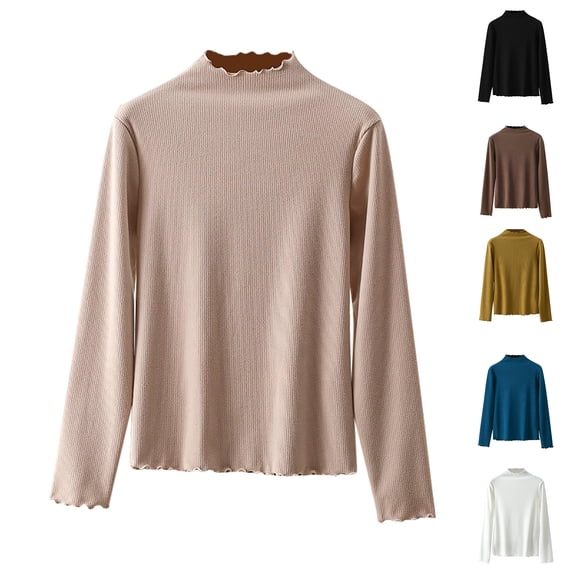 Women Spring Tops Lightweight Ruffle Mock Neck Solid Color Long Sleeve Undershirt - Half High Neck Ribbed Top Ribbed Lettuce Trim Soft Base Layer - Fitted Casual Homewear for Women Earthy Yellow XXXL