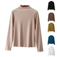 thumbnail image 1 of Women Spring Tops Lightweight Ruffle Mock Neck Solid Color Long Sleeve Undershirt - Half High Neck Ribbed Tops Ribbed Lettuce Trim Soft Base Layer - Fitted Casual Homewear for Women Coffee XL, 1 of 7