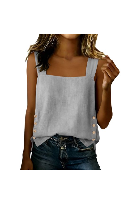 Women Squard Neck Tank Top Summer Cotton Linen Sleeveless Casual Shirts Loose Lightwieght Beach T Shirt Trendy Comfy Vacation Blouses