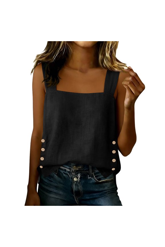 Women Squard Neck Tank Top Summer Cotton Linen Sleeveless Casual Shirts Loose Lightwieght Beach T Shirt Trendy Comfy Vacation Blouses