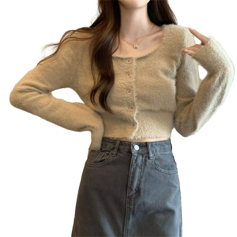Women Square Neck Button Down Short Cardigan Sweater Long Sleeve Solid Color Knitted Slim Fitted Crop Top Walmart