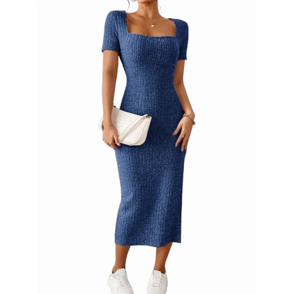 Women Square Neck Casual Dresses Summer Ribbed Short Sleeve Bodycon Maxi Dress Side Slit Knit Long Sundress Blue M