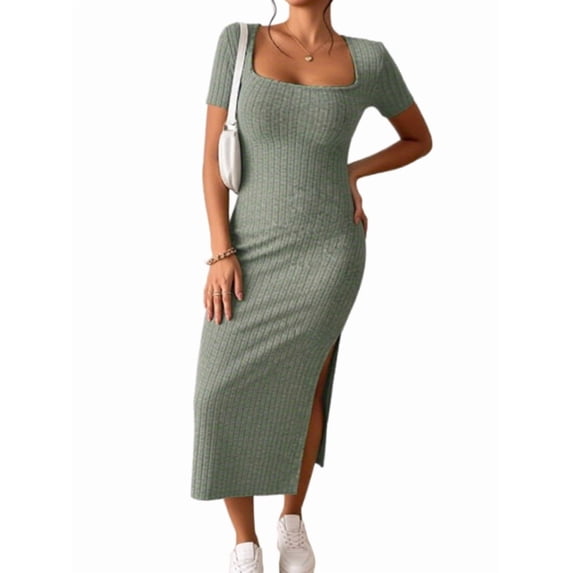 Women Square Neck Casual Dresses Summer Ribbed Short Sleeve Bodycon Maxi Dress Side Slit Knit Long Sundress Green M