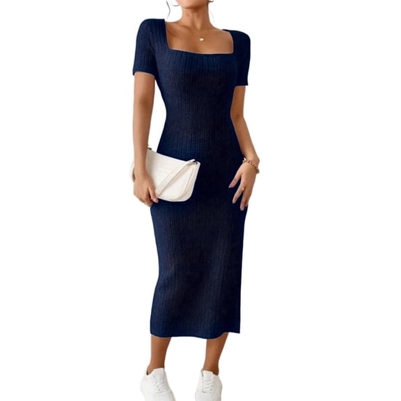 Women Square Neck Casual Dresses Summer Ribbed Short Sleeve Bodycon Maxi Dress Side Slit Knit Long Sundress Royal Blue S
