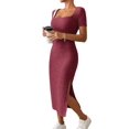 thumbnail image 1 of Women Square Neck Casual Dresses Summer Ribbed Short Sleeve Bodycon Maxi Dress Side Slit Knit Long Sundress Wine Red XL, 1 of 1