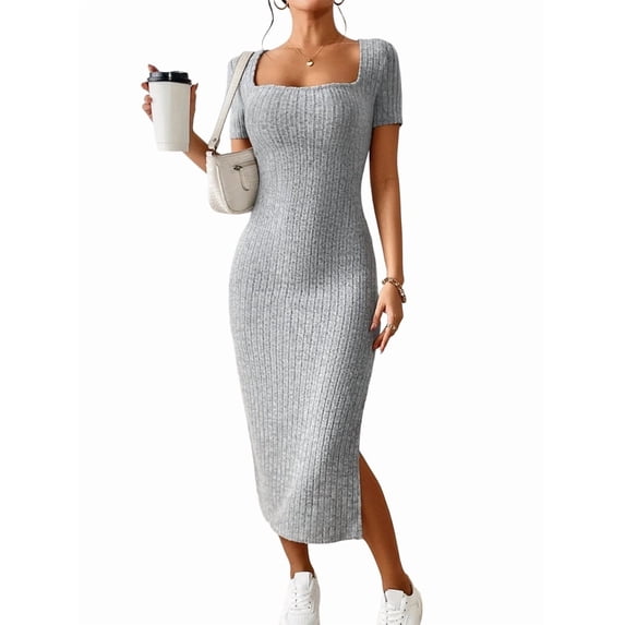 Women Square Neck Casual Summer Ribbed Short Sleeve Bodycon Maxi Dress Side Slit Knit Long Sundress Light Gray XL