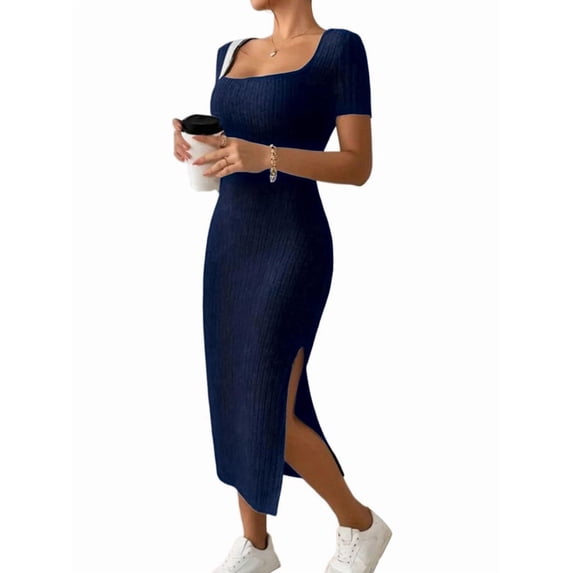 Women Square Neck Casual Summer Ribbed Short Sleeve Bodycon Maxi Dress Side Slit Knit Long Sundress Royal Blue XL
