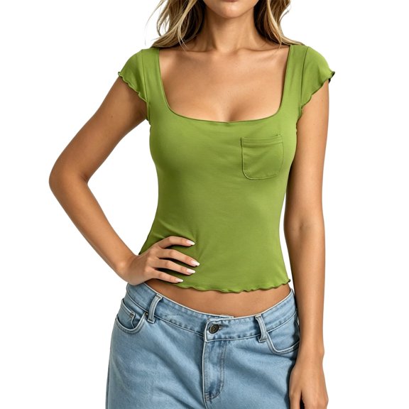 Women Square Neck Crop Top Short Sleeve T Shirts Slim Fitted Going Out Tops Y2K Cute Summer Basic Tees Trendy