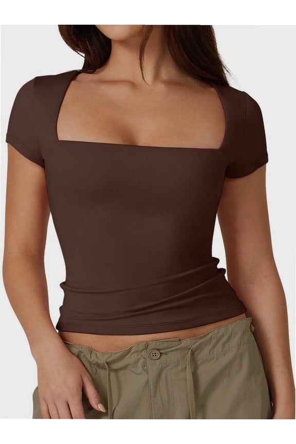 Women Square Neck Crop Top Short Sleeve T Shirts Slim Fitted Tops Cute Summer Basic Tees Trendy