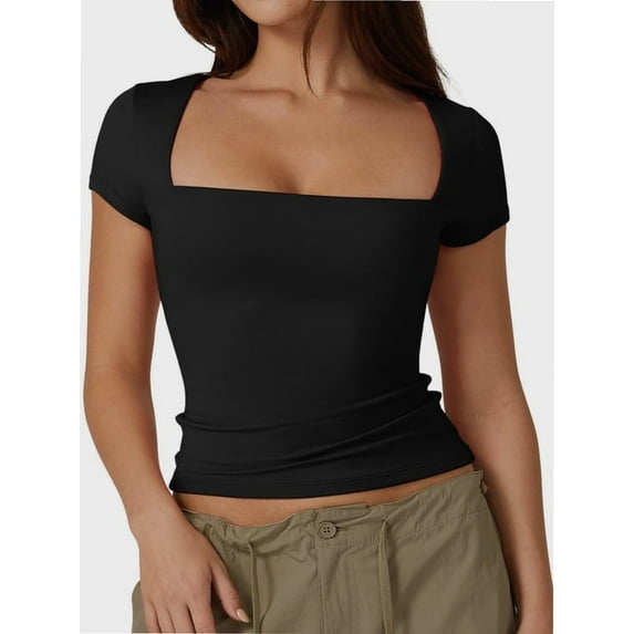 Women Square Neck Crop Top Short Sleeve T Shirts Slim Fitted Tops Cute Summer Basic Tees Trendy
