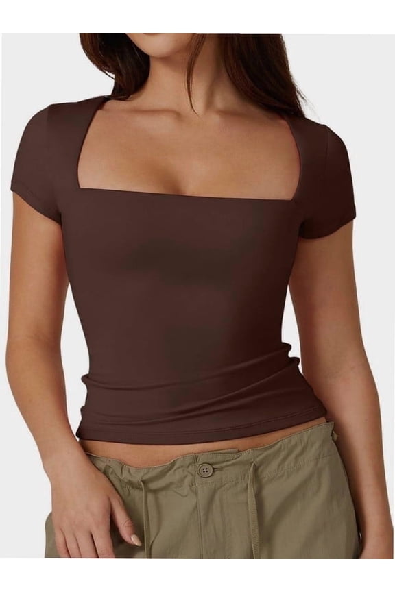 Women Square Neck Crop Top Short Sleeve T Shirts Slim Fitted Tops Cute Summer Basic Tees Trendy