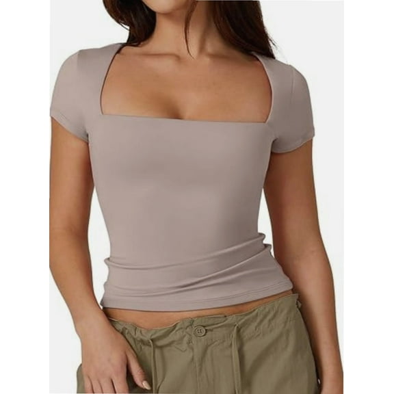 Women Square Neck Crop Top Short Sleeve T Shirts Slim Fitted Tops Cute Summer Basic Tees Trendy